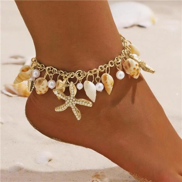 Shell Ankle Bracelet Set for Women, Gold Boho Bead Adjustable Anklet, Hawaiian - Picture 2 of 7